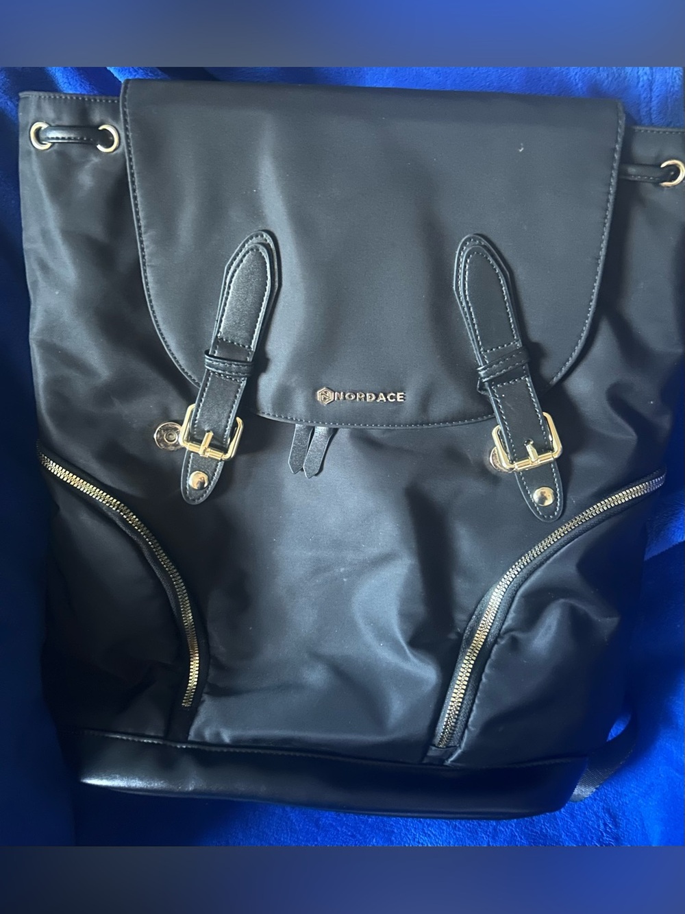 Nordace Eliz Black Nylon Flap Backpack with Gold Hardware